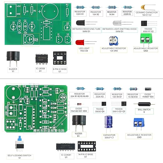 Soldering Practice Kit 5in1 DIY Power Amplifier Circular LED Vibration Alarm Anti-Theft Infrared Sensing Alarm Kit Plug-in Circuit Learn Soldering Kit for Beginners