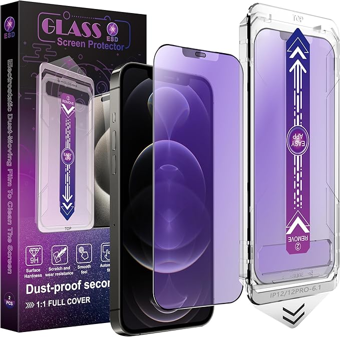 2 Pack Anti Blue Light Matte Screen Protector for iPhone 12 Pro/iPhone 12, 9H Tempered Glass, Full Coverage, Anti-Fingerprint, Auto Dust-Elimination, No Bubble, Easy Installation