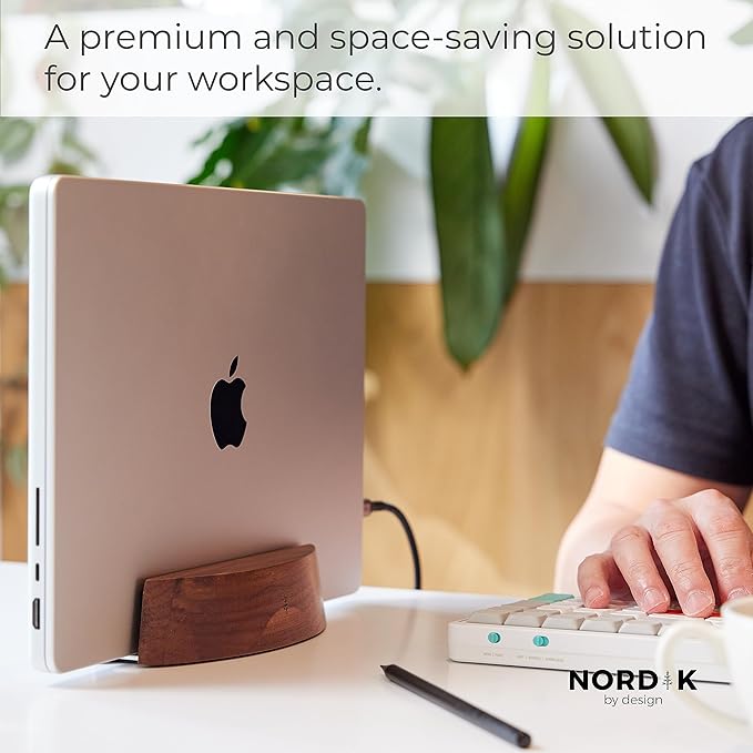 Nordik Adjustable Vertical Laptop Stand - Walnut - Premium Laptop Holder for Home Office, Software Engineers - Space Saving Desk Laptop Dock - Stable Non-Slip Wood Stand - MacBook Pro