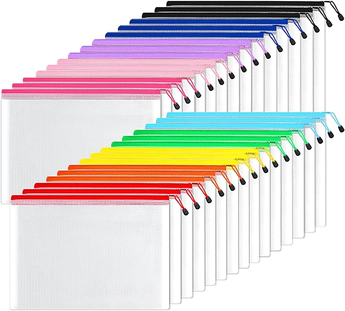 SUNEE Mesh Zipper Pouch 11x16 in (10 Colors, 30 Packs), Large Mesh Zipper Pouch Bags for School Office Supplies, Puzzles & Games, Travel Accessories, Waterproof Zipper Pouches for Organizing