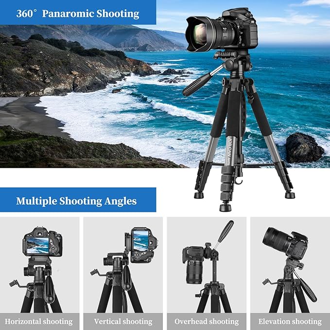 JOILCAN Tripod Camera Tripods, 74" Tripod for Camera Cell Phone, Heavy Duty Tripod Stand, Professional Travel Tripods Compatible with Canon iPhone DSLR, Starry Gray