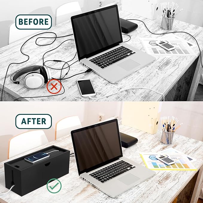 Bamboo Cable Management Box, Large Cord Organizer Box Cable Box to Hide Wires & Power Strips for Desktop Storage Cord Holder for Office Home,No Assembley Required (All Black, 2 Packs(M+L))