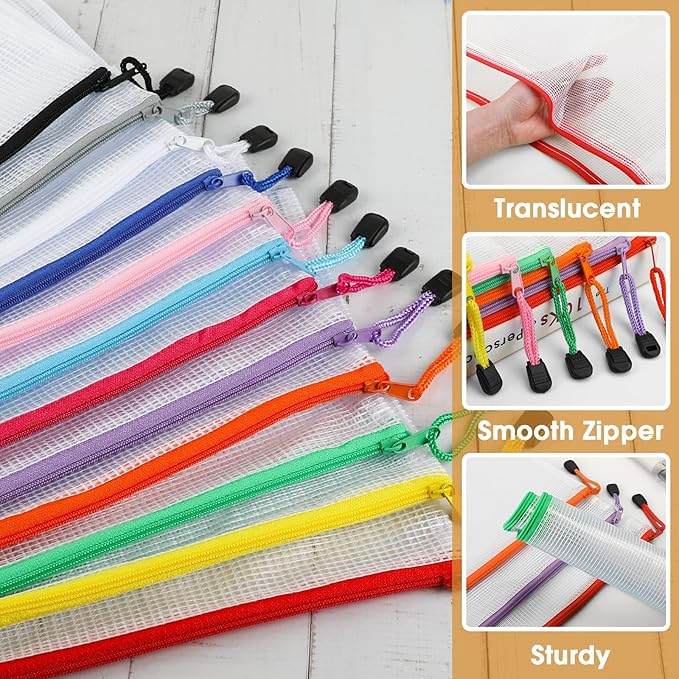 Umriox Mesh Zipper Pouch Bags, A4+A5+A6 (12 Colors, 36 Pack), Mesh Bags with Zipper, Storage Bags, Zipper Bags for Office Supplies Travel Storage