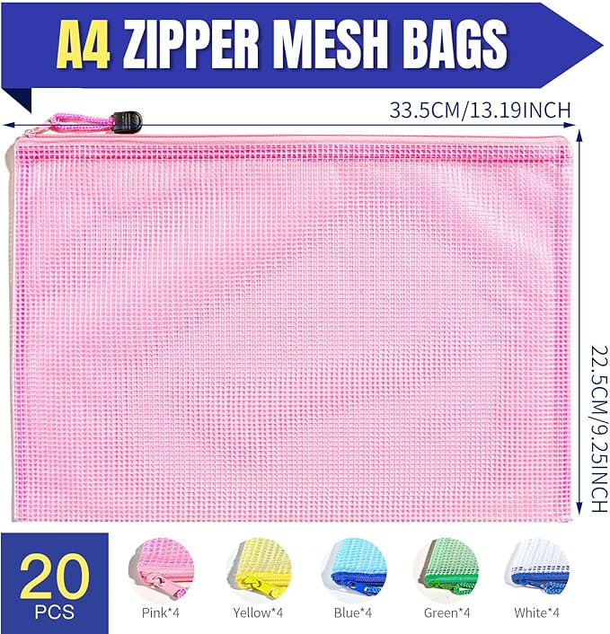LEOBRO 20PCS Zipper Pouch, A4 Mesh Zipper Pouch Bags, Waterproof Bag, Mesh Bags for Classroom Organization, Toy Storage, School Supplies, Travel Essentials, File Jackets & File Pockets