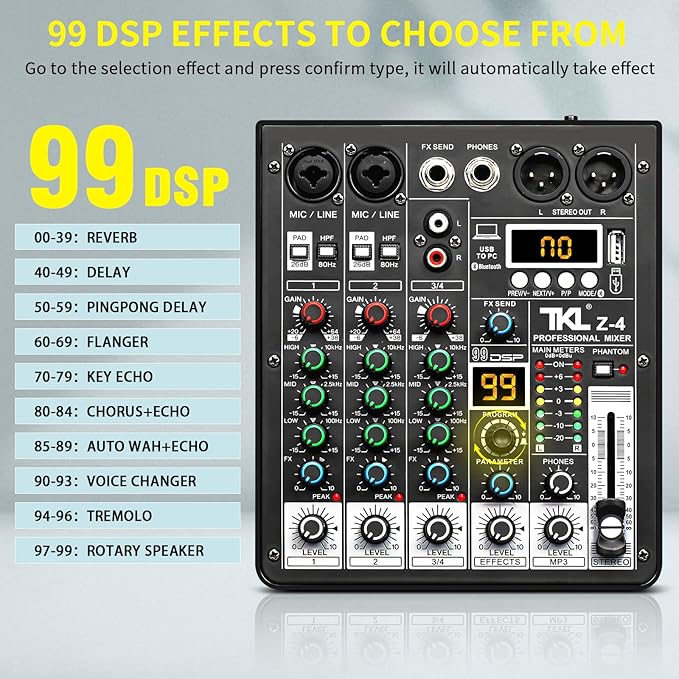 4 Channel Audio Mixer, Professional DJ Mixer Sound Board Mixing Console with 99-Bit DSP Effect, Bluetooth USB Interface Stereo Mixer Board with 48V Phantom Power For Recording Live Stream