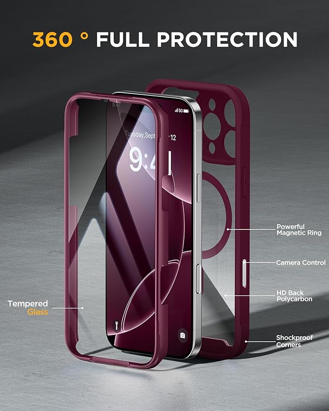 Miracase Magnetic for iPhone 16 Pro Case Full-Body Phone with Built-in Glass Screen Protector, [Compatible with MagSafe] Military Drop Proof 16 Pro Cover Bumper 6.3 inch, Plum