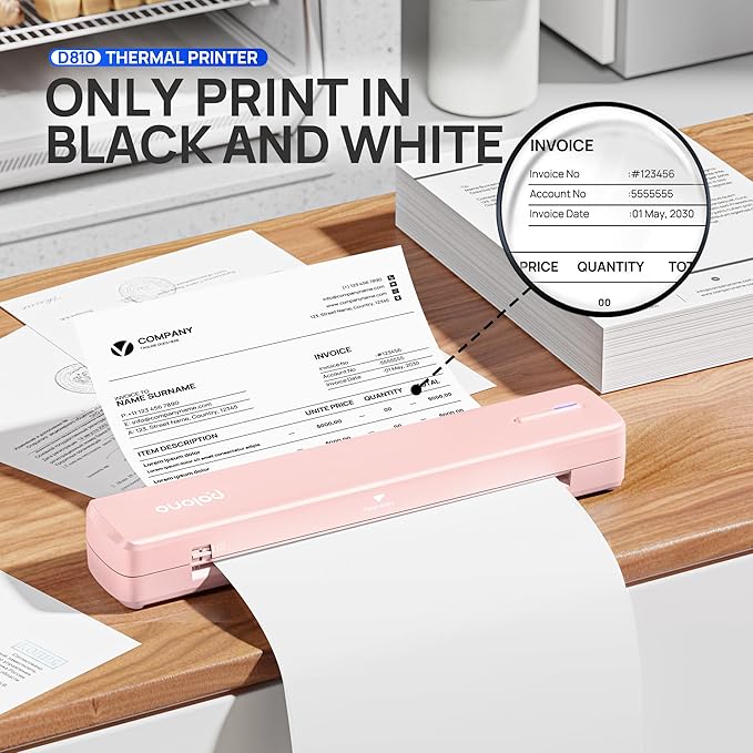 POLONO Portable Printer Wireless for Travel, D810 Bluetooth Thermal Printer Support for 8.5"x11" US Letter, Inkless Compatible with iOS, Android, Laptop for Office, Car and Home with Carry Case, Pink