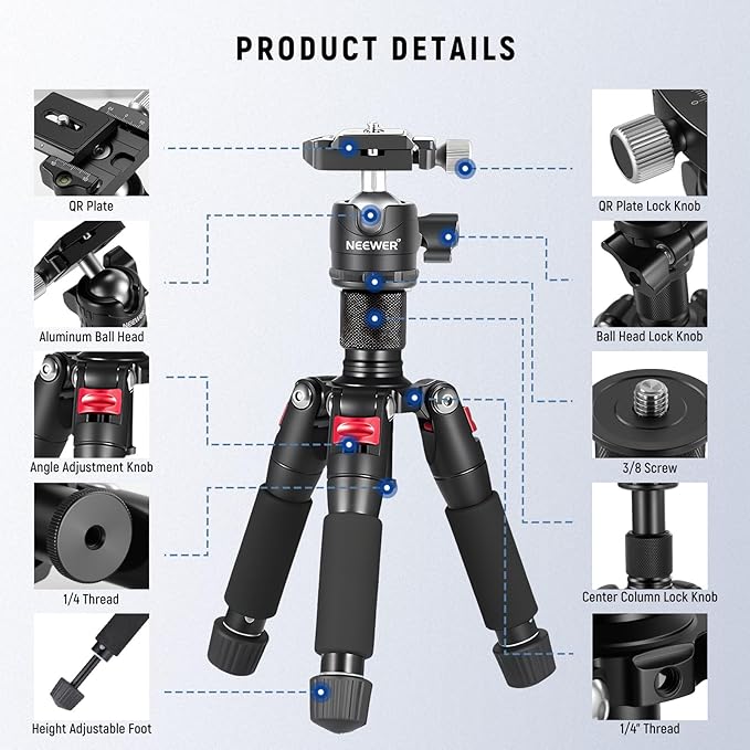 NEEWER Portable Desktop Mini Tripod Aluminum Alloy 20''/ 50cm Desk Tripod with 360 Degree Ball Head, 1/4 inch Quick Shoe Plate for DSLR Camera Video Camcorder, Load up to 11 pounds/5 kilograms