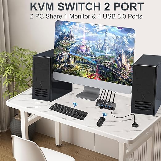 HDMI2.1 KVM Switch 2 Computer 1 Monitor 8K@60Hz, KVM Switch HDMI 2 Port with 3 USB3.0, Wired Remote, Power Adapter and USB Cables