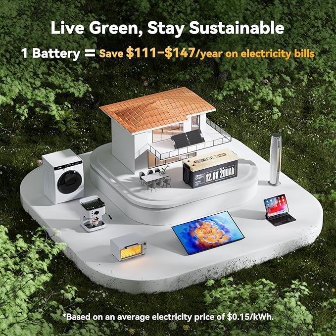 Power Queen 12V 200Ah PLUS LiFePO4 Battery, Built-in 200A BMS, 2560Wh Lithium Battery,Up To 15000 Cycles, Deep Cycle Battery for Off-Grid and Home Solar System, Marine, Trailer RV