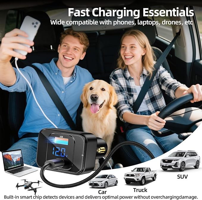 170W PD3.1 Car Charger with LED Voltage Display, USB-C Cigarette Lighter Adapter Fast Charging (140W+30W) for iPhone 16 Pro Max/Samsung S25 Ultra/MacBook/Drones/Laptops, 12V-24V Vehicle