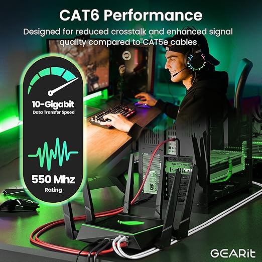 GearIT Cat 6 Ethernet Cable (24-Pack 1 Foot) Cat6 Network Patch, 10Gbps, RJ45, Snagless Cord, Gold-Plated Connectors, Internet for PC, TV, Tablet, Router, Printer, Servers, IT Data Center - Red