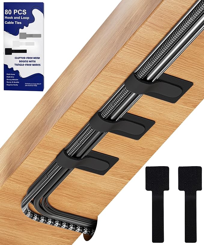 80PCS Hook and Loop Cable Ties, Hook and Loop Cable Straps, Under Desk Cable Management, Adhesive Cable Clips, Sticky-Back Cord Organizer for Desk, Household & Office Organization (Black)