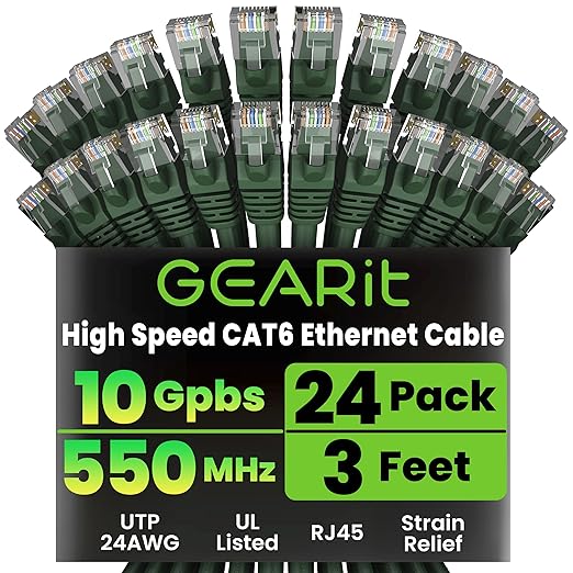 GearIT Cat 6 Ethernet Cable (24-Pack 3 Feet) Cat6 Network Patch, 10Gbps, RJ45, Snagless Cord, Gold-Plated Connectors, Internet for PC, TV, Tablet, Router, Printer, Servers, IT Data Center - Green