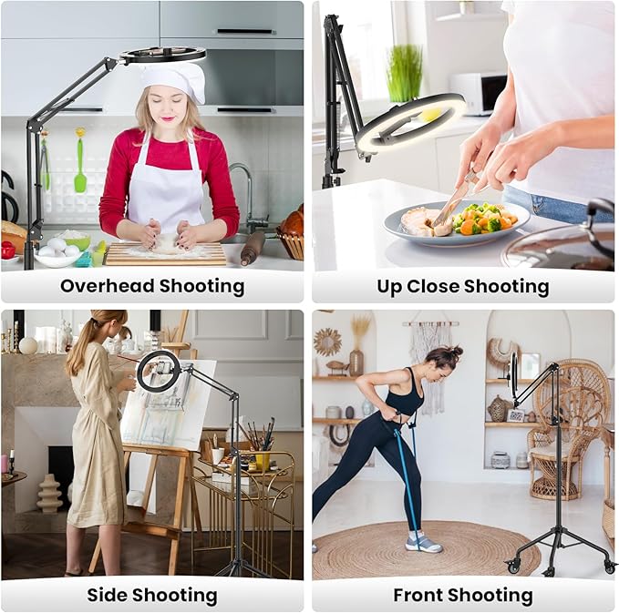 LUXSURE Ring Light Tripod for iPhone, Overhead Camera Mount with Casters,LED Ring Light with Stand and Phone Holder,Phone Tripod with Light for Video Recording/Live Streaming/Cooking