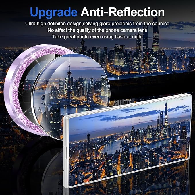 for Samsung Galaxy Z Fold 7 Camera Lens Protector, Individual Metal Ring Tempered Glass Lens Cover, [Strong Adsorption] Scratch Resistant Ultra-Thin HD Clear Lens Cover, 1 Set-Purple Sparkly