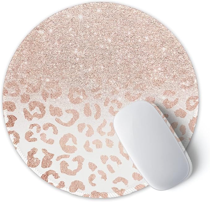 ITNRSIIET Round Mouse Pad with Stitched Edge Premium-Textured Waterproof Non-Slip Rubber Base Desktop Protection Mat Diameter 8.7 inches, Rose Gold Leopard Print