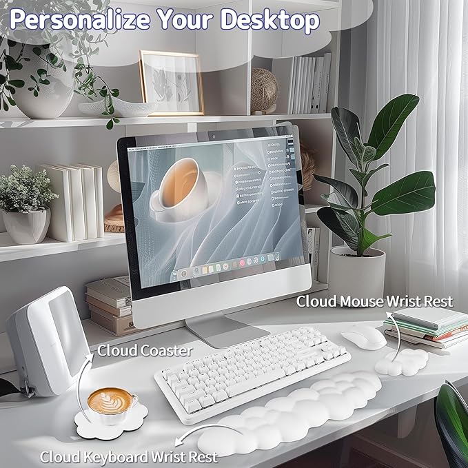 Cloud Wrist Rest Keyboard, Cloud Keyboard Wrist Pad Set with PU Leather Memory Foam, Cute Arm Rest for Palm Support, PC/Gaming Desk Accessories/Office Setup/Computer Hand Cushion - White