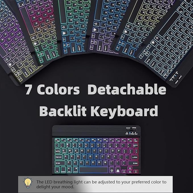 Keyboard Case for Galaxy Tab A8 10.5 Inch 2022, Slim Lightweight 7 Color Rainbow Backlight Detachable Magnetic Keyboard Cover with S Pen Holder,Sky Blue