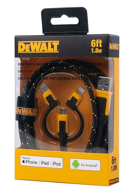 DEWALT Heavy Duty 3 in 1 Multi Charging Cord, 6ft Fast Charger Cord, Multi Charger Adapter with Lightning/Type C/Micro USB Port for iPhones/Samsung Galaxy/PS/Tablets/More