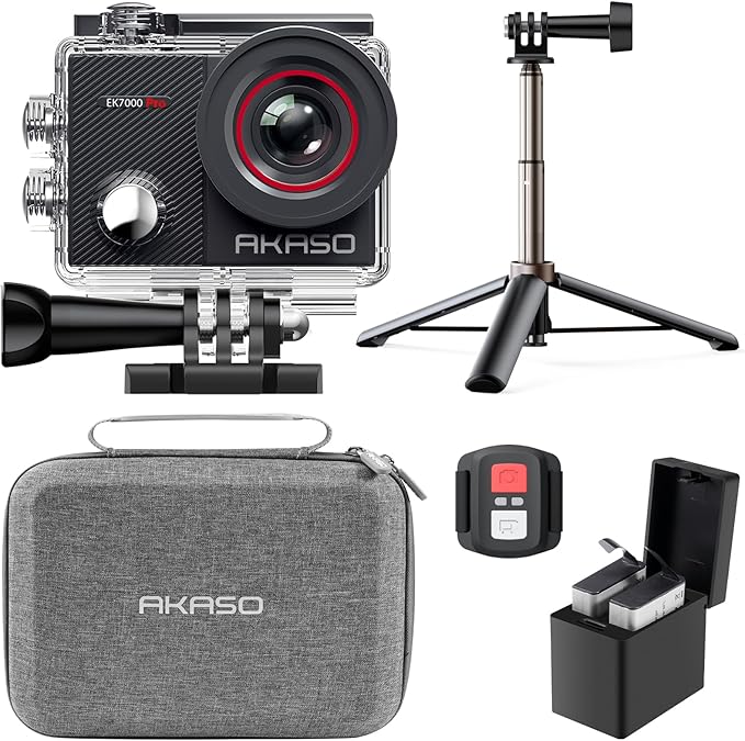 AKASO EK7000 Pro 4K30fps 20MP Action Camera EIS Ultra HD 131FT Waterproof Underwater Camera with Mini Selfie Stick Tripod and Carrying Case Helmet Accessories Kit Bundle