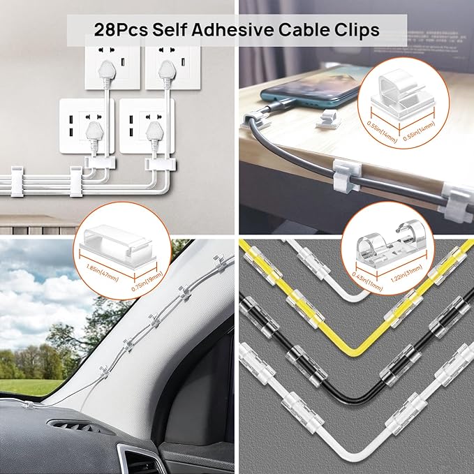 193 PCS Cable Management Kit - 4 Cable Sleeve, 57 Self Adhesive Cable Clips, 12 Hanging Strips, 12 Cable Organizer Straps and 100 Fastening Cable Ties for TV Computer Under Desk (White)