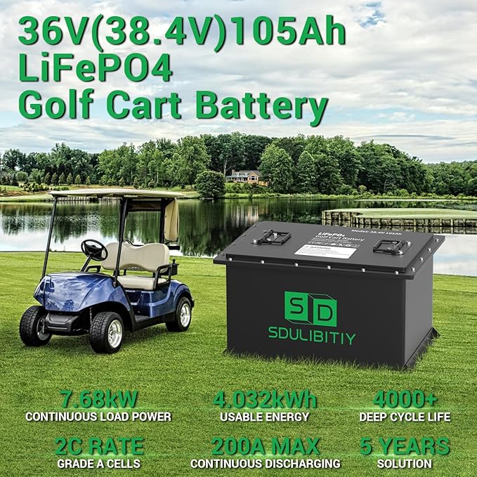 36V(38.4V) 105Ah LiFePO4 Golf Cart Battery, Built-in Smart 200A BMS, with Touch Monitor, Mobile APP, 4000+ Cycles Rechargeable Lithium Golf Cart Battery, Max 7.68kW Power Output, Perfect for Golf Cart