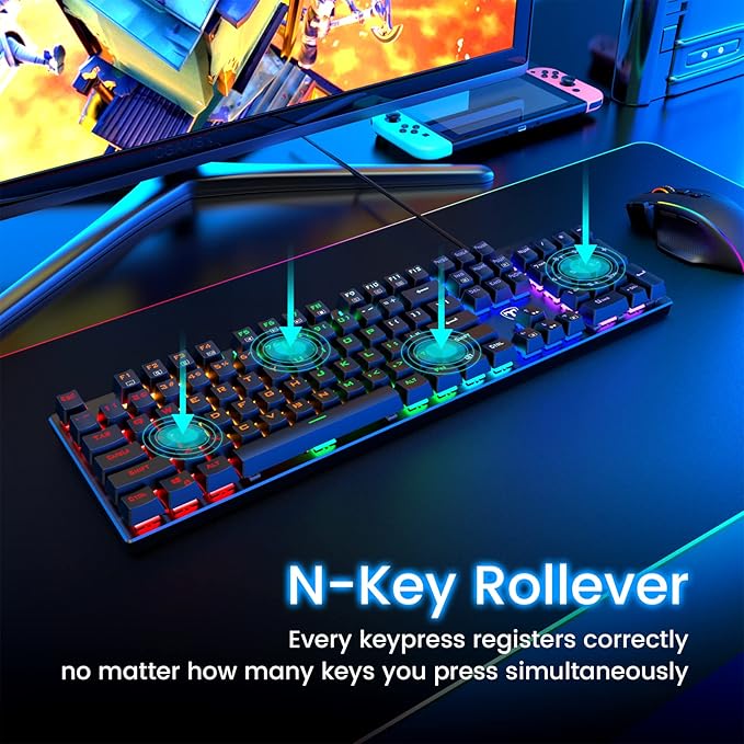 RisoPhy Mechanical Gaming Keyboard, RGB 104 Keys Ultra-Slim LED Backlit USB Wired Keyboard with Blue Switch, Durable Abs Keycaps/Anti-Ghosting/Spill-Resistant Computer Keyboard for PC Mac Xbox Gamer