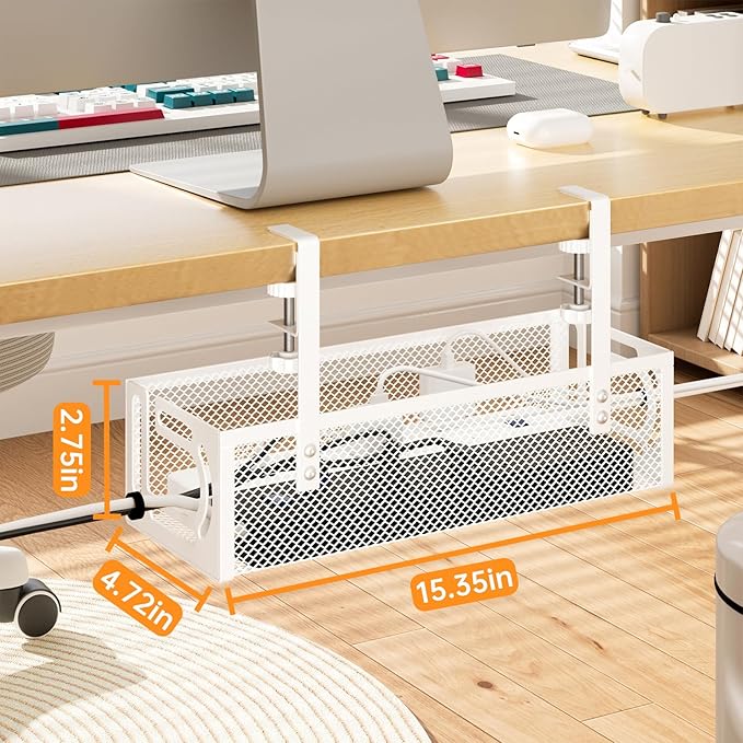 Under Desk Cable Management Tray, 15.7'' No Drill Steel Desk Cable Organizers, Wire Management Tray Cable Management Rack (2 Packs-White)