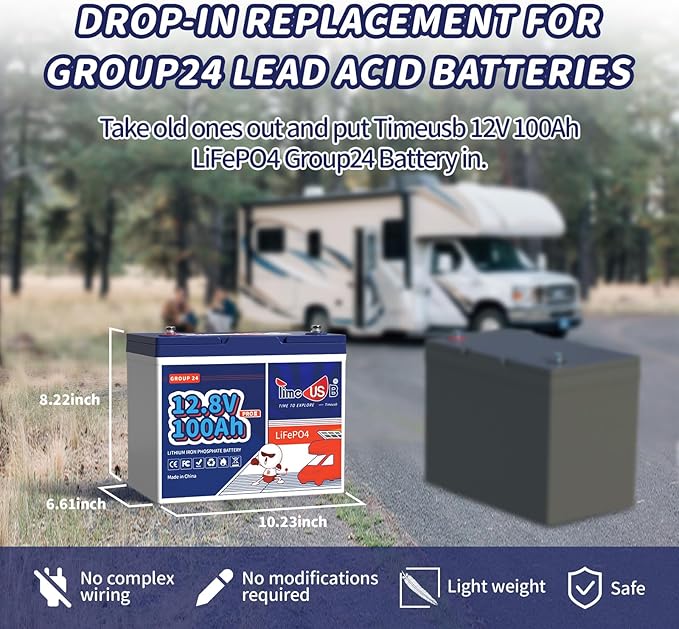 12V 100Ah Lithium Iron Phosphate Battery BCI Group 24, Timeusb LiFePO4 Battery Built-in 100A BMS, Up to 15000 Deep Cycles, Perfect for RV, Marine, Home Energy Storage (3 Pack)
