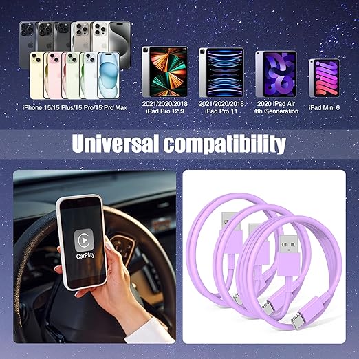 3-Pack Purple [3.3FT+3.3FT+6FT] USB A to USB C Cable，USB to USB C Car Carplay Cable for iPhone 16 15 Pro Plus Pro Max，for iPad Pro/Air/Mini，for Samsung S24/S23/S22/S21，for MacBook Pro/Air and More