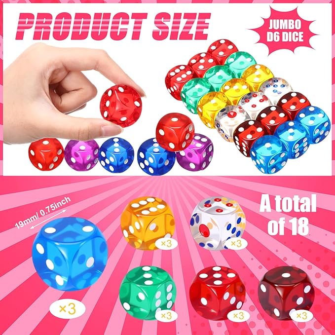 18 Pcs Casino Theme Party Dice Large Opaque Jumbo Acrylic D6 Dice for Casino, Craps, Table Games and Board Games(25 mm,Clear Color)