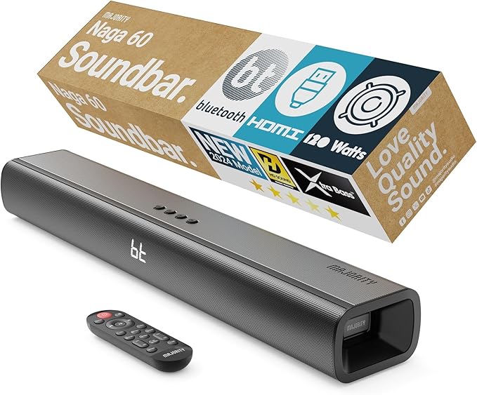 Majority Bluetooth 120W TV Sound Bar for Smart TV, 24 Inch, 2.1 Channel, 3D Sound with Built-in Subwoofer | EQ Control, HDMI Arc, Optical, AUX, Remote, and Wall Mountable Naga 60 Soundbar for TV