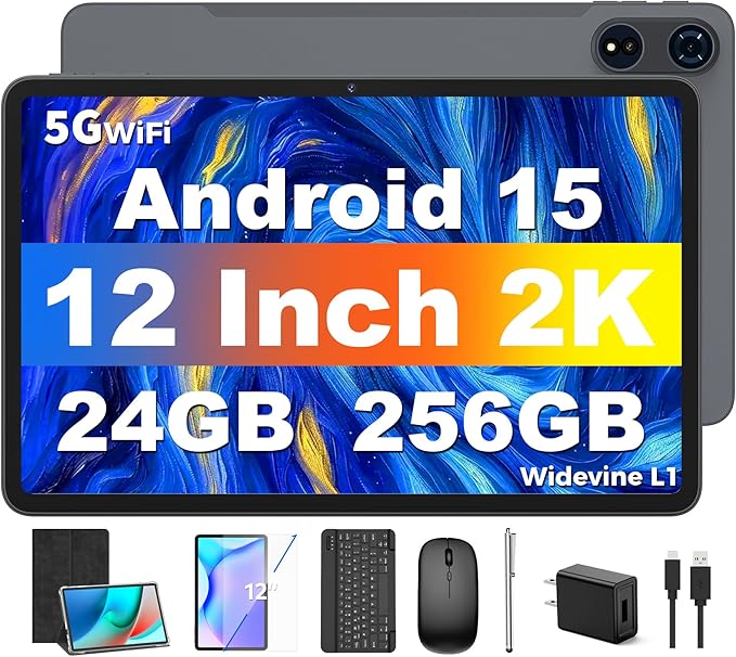 Tablet 12 inch Android 15 Tablets, 24GB（8+16）RAM+256 Storage(Expand to 1TB), Android Tablet with Keyboard, Octa-Core, 2K 2000x1200 Display, 16MP Dual Camera, 8000mAh, 5G WiFi,GPS,Bluetooth 5.0（Black）