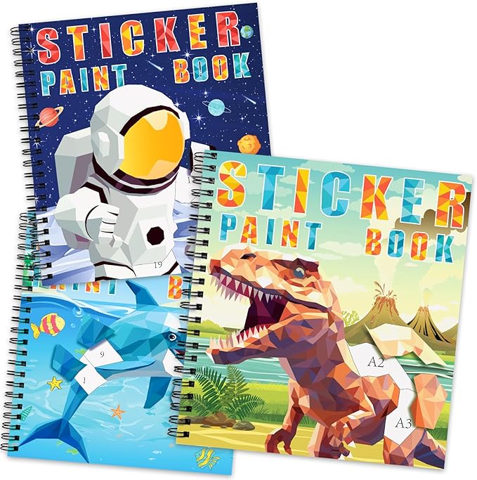 homicozy 3PCS Sticker Paint Books for Kids Ages 4-10,Dinosaur Astronaut Ocean Animals Designs Paint by Stickers,Sticker by Numbers,Party Birthday Gifts for Boys 4-10,Create 30 Pictures at a Time