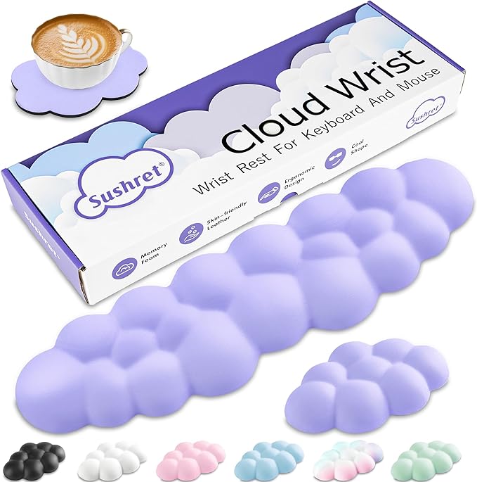 Cloud Wrist Rest Keyboard, Cloud Keyboard Wrist Pad Set with PU Leather Memory Foam, Cute Arm Rest for Palm Support, PC/Gaming Desk Accessories/Office Setup/Computer Hand Cushion - Purple