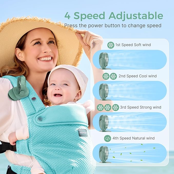 Momcozy Portable Fan with Clip | 4-Speed Mini-Fan for Carrier | Personal Fans Ultra Lighter 0.26lb | Gaps ≤4.5mm | Handheld Cooling | Rechargeable Rotate for Diaper Backpack/Stroller/Carrier/Chair