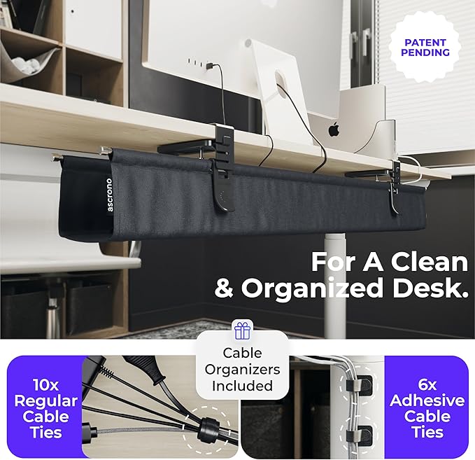 Ascrono Original No Drill Under Desk Cable Management Tray 53.9" - Premium Black Fabric Cable Management Under Desk - Clamp/Screw Mount Cord Organizer - Supports Upto 66lbs - Extra Large