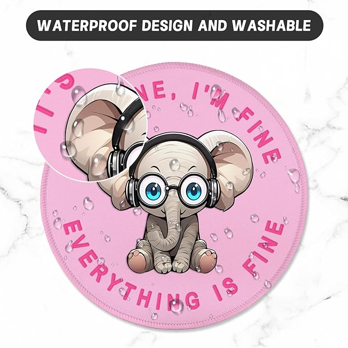 ITNRSIIET Round Mouse Pad with Stitched Edge Premium-Textured Waterproof Non-Slip Rubber Base Desktop Protection Mat Diameter 8.7 inches, Pink Pretty Elephant