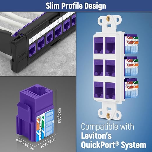 Everest 90° Angled RJ45 Cat5e Keystone Jacks 10-Pack in Purple - Slim Profile Female RJ45 Connectors - Cat 5e Keystone Jack - Compatible with 90° Angled Speed Termination Tool - easyJACK (B094WB91H3)