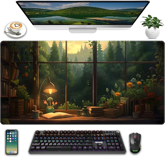 Anime Dark Green Plants Desk Mat Cute XXL Large Extended Mouse Pad Gaming, Lofi Aesthetic Computer Laptop Keyboard and Mouse Mat, Desk Accessories for Women Office Decor Mousepad, 31.5x15.75 in