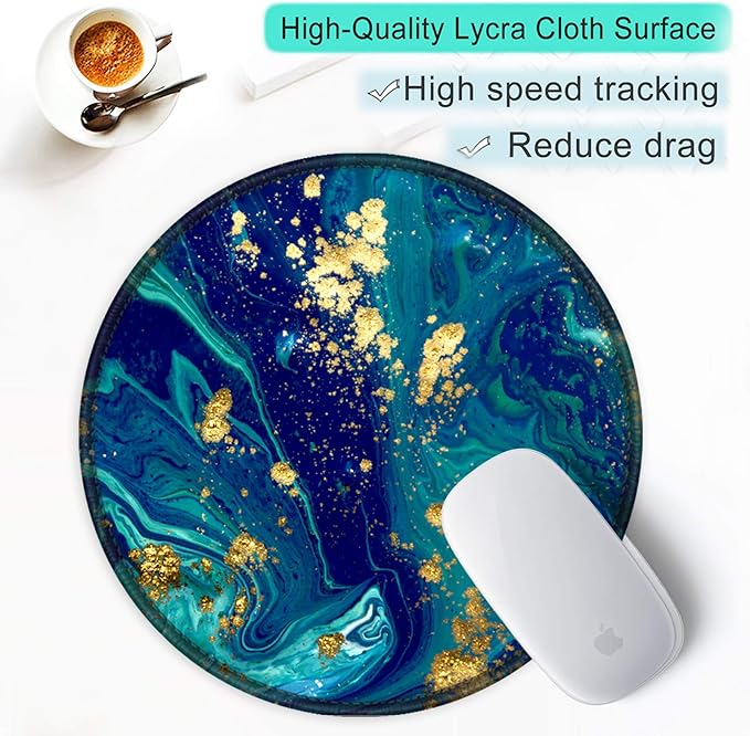 ITNRSIIET Round Mouse Pad with Stitched Edge Premium-Textured Waterproof Non-Slip Rubber Base Desktop Protection Mat Diameter 8.7 inches, Blue Green Marbling