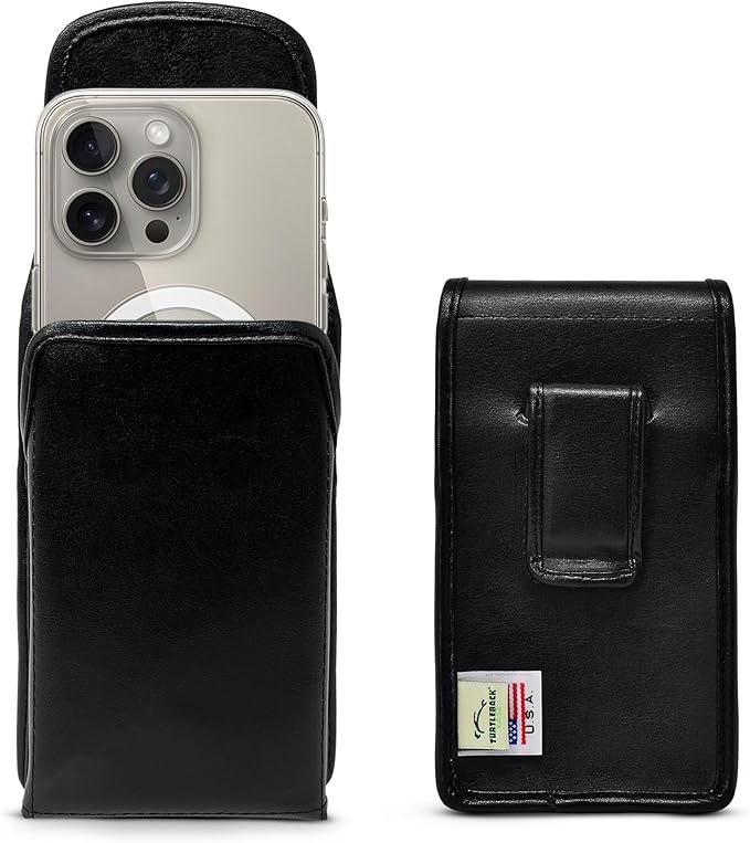 Turtleback Belt Holder for iPhone 16 Pro, 16e, 15 Pro 14 Pro 13 Pro -Small- Fits w/Slim MagSafe Style Cases, Premium Black Leather Vertical Belt Holster Magnetic Closure Leather Wrapped Belt Clip
