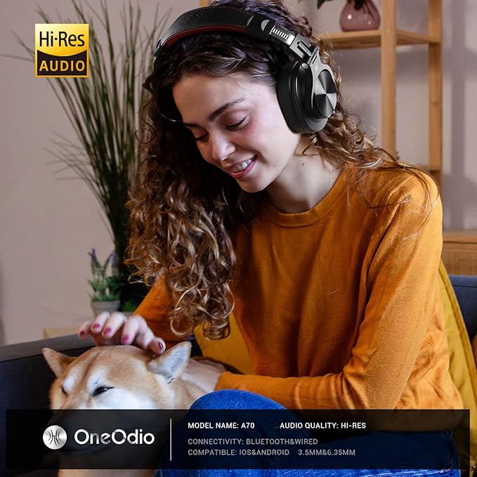 OneOdio A70 Bluetooth Over Ear Headphones, Wireless Headphones w/ 72H Playtime, Hi-Res, 3.5mm/6.35mm Wired Audio Jack for Studio Monitor & Mixing DJ Guitar AMP, Computer Laptop PC Tablet - Red