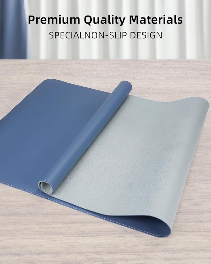 Leather Desk Pad Protector- 48" x 17" Office Desk Mat, Non-Slip PU Leather Mouse Pad, Waterproof Desk Blotter Mat, Desk Cover for Office and Home (Grey Blue)