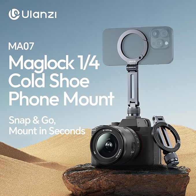 Ulanzi MA07 Magnetic Phone Tripod Mount for Magsafe, Aluminum Camera Phone Mount with 1/4" Screw, Cold Shoe Magnetic Tripod for Camera, Copatibale with iPhone 17/16/15/14/13/12 Series