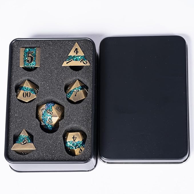 Metal RPG Dice Set,Mica Glitter Stripe Dice DND,Antique Bronze Dice 7pcs Set for Dungeons and Dragons