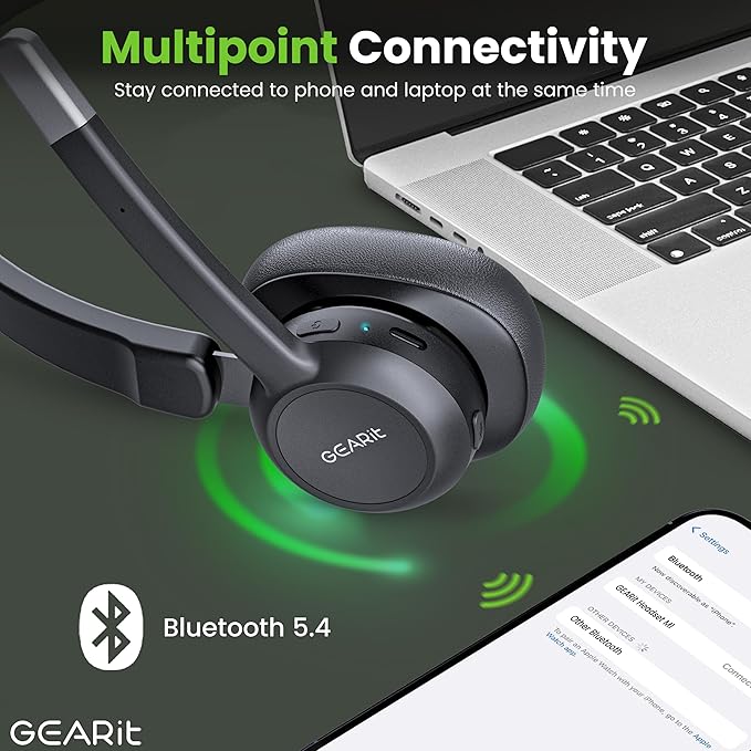 GEARit Wireless Bluetooth Headset with Mic - Multipoint Dual Connect, Noise Cancelling Trucker Headset for Phone Calls - All-Day Talk Time - Headphone with Microphone & Mute Button for Office Work