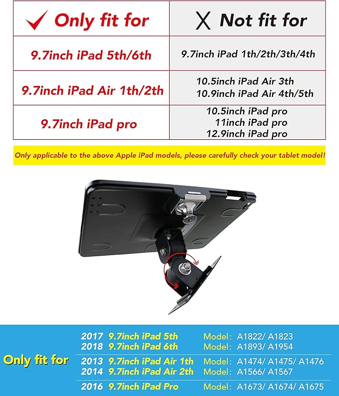 On Wall Mount Bracket for iPad 9.7" (6th, 5th Gen, Air 1 & 2, Pro), Anti-Theft Lock, Rotate Design, Multi-Angle, Metal (Black)