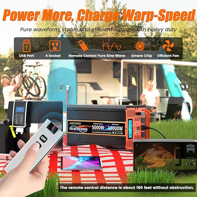 5000 Watt Pure Sine Wave Power Inverter 12V DC to 110V 120V Converter for Family RV Off Grid Solar System Car with Type-C Ports 4 AC Power Outlets Dual USB Ports LCD Display and Remote Control